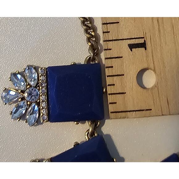 J Crew Art Deco Blue Square & Crystal Statement Necklace on Gold Chain - Picture 4 of 7